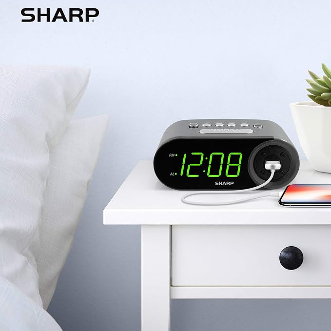 Sharp Digital Alarm Clock with 2A USB Charging and Green LED Display | 2A high-speed USB port; Easy-read green LEDs; Simple controls; Phone or tablet charging; Black - Image 6