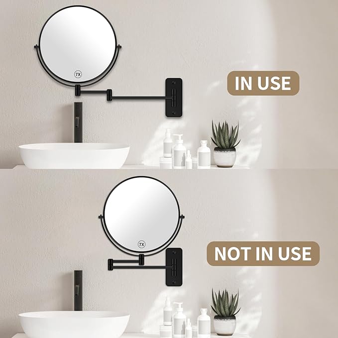 BTremary 8” Wall Mounted Magnifying Makeup Mirror 1X/7X Wall Mount Mirror Swing Arm Two-Sided 360° Swivel Bathroom Shaving Mirror for Men and Women in Hotel/Home, Black
