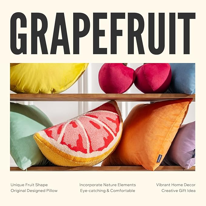 Phantoscope Fruit Shaped Pillows Series Grapefruit Shaped Throw Pillow, Fun Home Decor of Fruit Themed Shaped Cushions, Decorative Shaped Pillow for Couch Bed, Pink and Yellow, 19.5 x10 inches