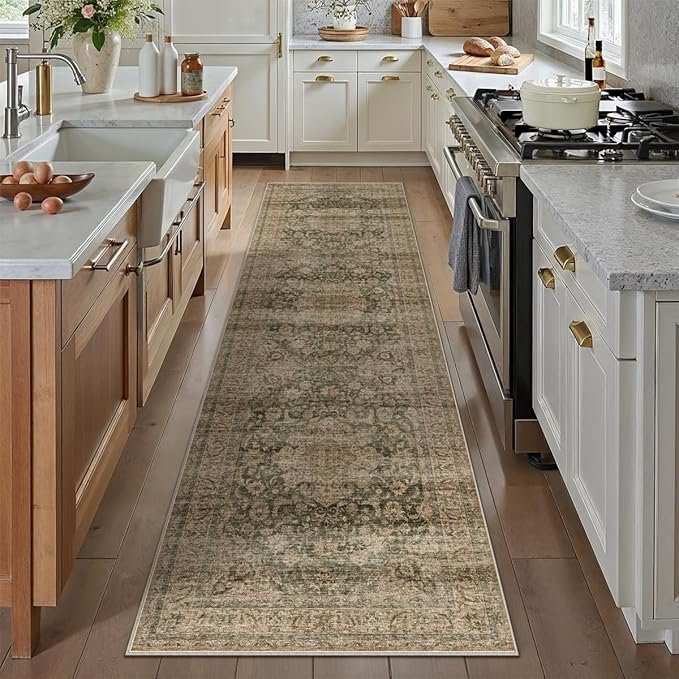 2x8 Washable Runner Rug Green Brown Vintage Non Slip Soft Low Pile Hallway Kitchen Rug Distressed Oriental Carpet for Laundry Bathroom Bedroom Living Room Home Decor