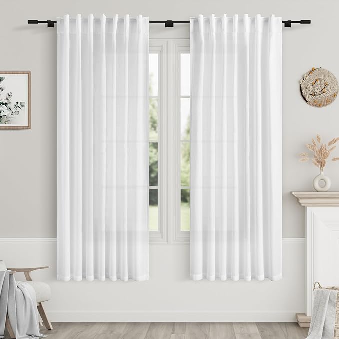 Nanspring White Linen Curtains for Living Room 62 Inch Length Neutral Modern Farmhouse Window Curtain Semi Sheer Light Filtering Privacy Back Tab Rod Pocket Drapes for Bedroom 2 Panels Set 52x62