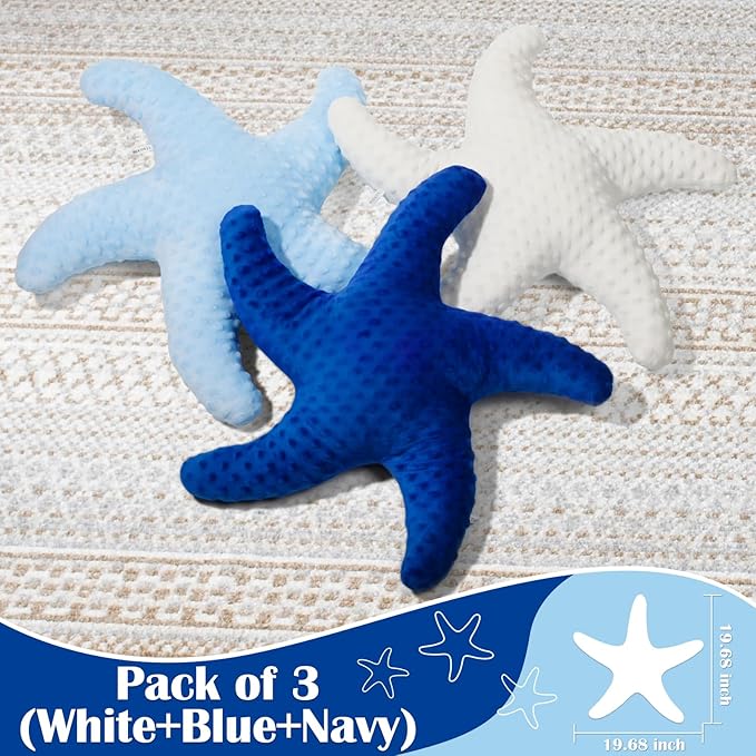 Marble Empire Starfish Pillow for Couch and Bed, 3-Piece Set of Coastal Decor Throw Pillows in White, Blue, Navy, Ocean Beach Theme Living Room Accent