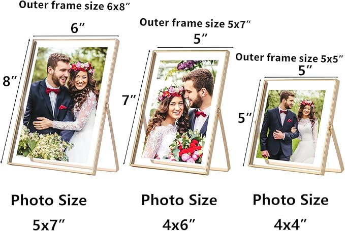 Silver Floating Picture Frames Set of 3,Metal Beaded Photo Frames 7x9'', 6x8'' 6x6'' with Double Class for 5x7, 4x6, 5x5 - Tabletop Floating Picture Frames for Home Wedding Decoration,Gift for Christmas, wedding