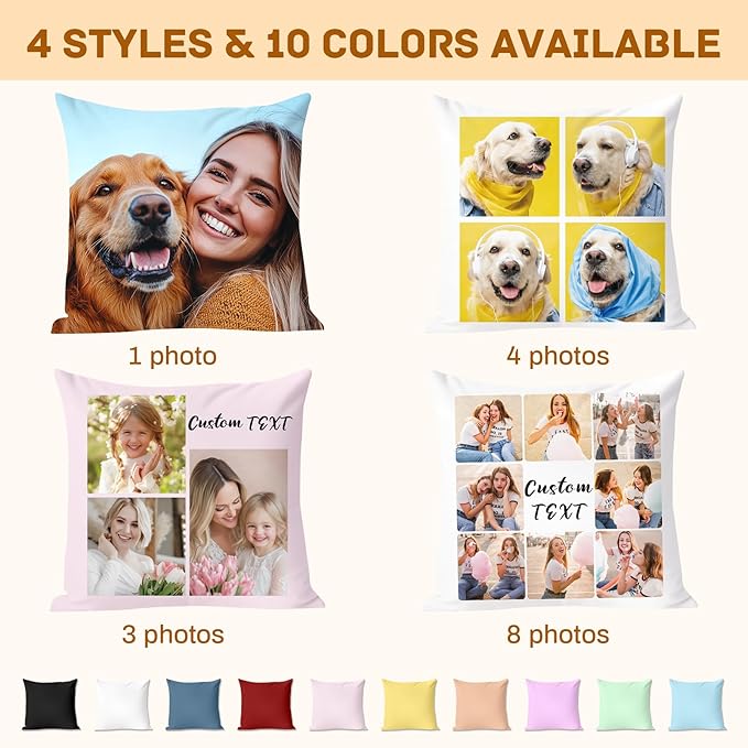 Custom Pillow with Picture & Text - Include Insert, Personalized Photo Pillow Double-Sided Printing | 5 Sizes & 10 Colors Optional, Custom Pet Memorial Gifts | Keepsake Gifts for Loved One