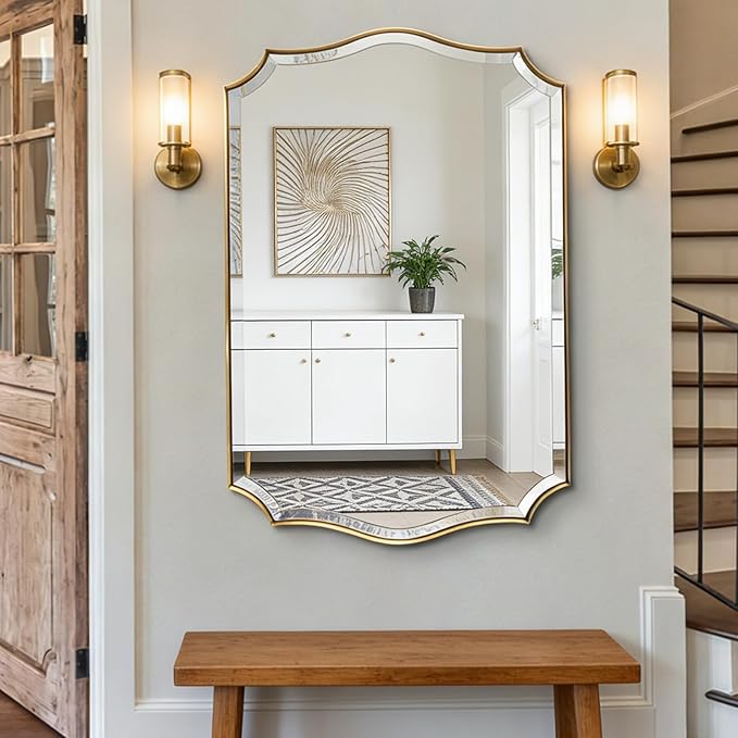 POZINO Scalloped Beveled Mirror, 24"x40" Brushed Gold Bathroom Vanity Mirrors for Over Sink, Modern Wavy Rectangle Wall Mirror for Living Room Bedroom Entryway, Horizontal or Vertical Hanging