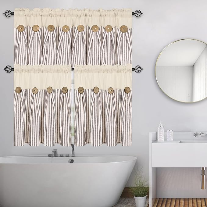 ASPMIZ Cotton Linen Kitchen Curtains 36 Inch Length, Farmhouse Rod Pocket Short Curtains for Window, Brown Stripe Small Window Curtain Boho Rustic Button Window Treatment Tiers for Bathroom, Cafe