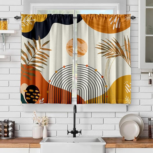 Orange Boho Curtains 39 Inch Mid Century Cafe Drapes for Small Windows Abstract Leaves Rainbow Colorful Modern Geometric Window Curtains for Kitchen Living Room Bathroom Laundry 2 Panels