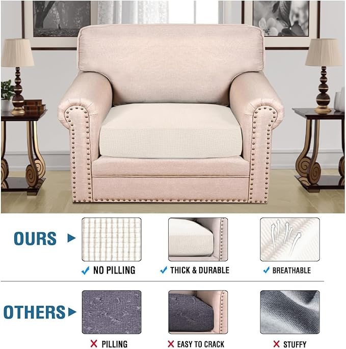 H.VERSAILTEX Super Stretch Individual Seat Cushion Covers Armchair Sofa Covers Couch Cushion Covers Slipcover Sets Thick Jacquard Textured Twill Fabric (1 Piece Chair Cushion Cover, Porcelain White)