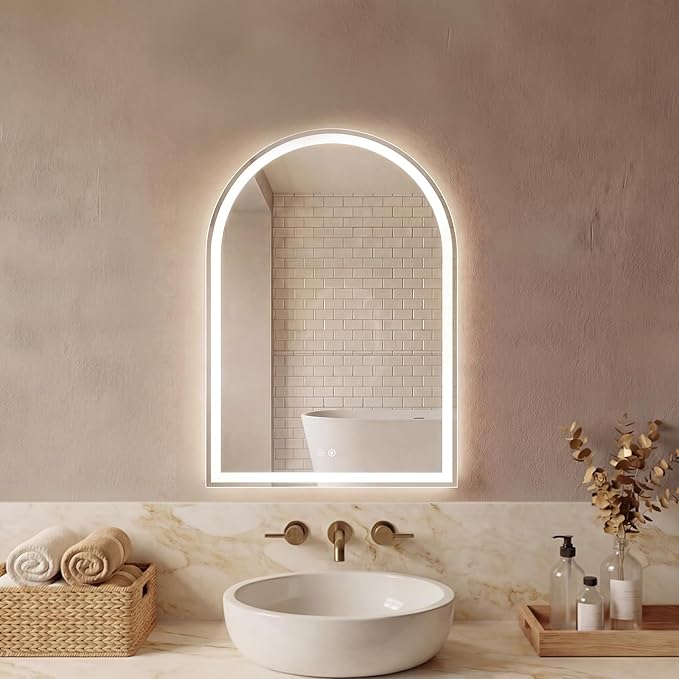 Sweetcrispy 20“×28” LED Bathroom Backlit Mirror with Lights, Arched Vanity Mirror with Anti-Fog, Dimmable, 3-Color Light, Memory Function, Tempered Glass