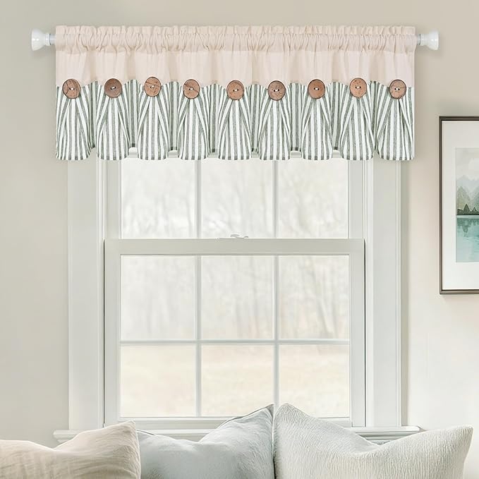 ASPMIZ Cotton Linen Kitchen Curtains Valance, Boho Rustic Button Valances for Windows Farmhouse Style, Green Stripe Window Valances for Bathroom Cafe, Tie Up Valance for Kitchen Windows, 60 x 14 Inch