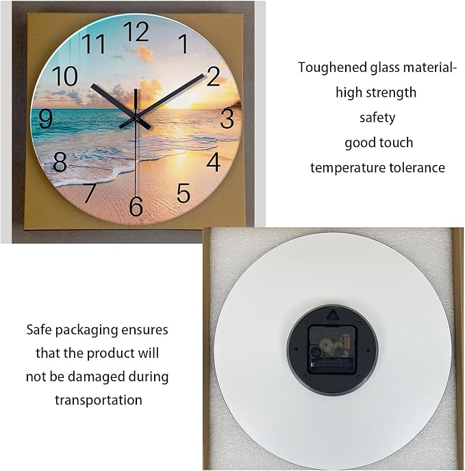 Beach Coastal Wall Clocks Battery Operated Analog Round Wall Clock for Living Room Decor 14 Inch Blue Glass Silent Wall Clock