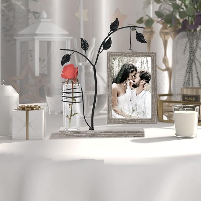 Sapowerntus 4x6 Picture Frames Family Desk Office Rustic Photo Frame, Water Plants Flowers Floating Double Glass Vase Tabletop Standing Home Decor, Wedding Grandma Mother Mom Gift