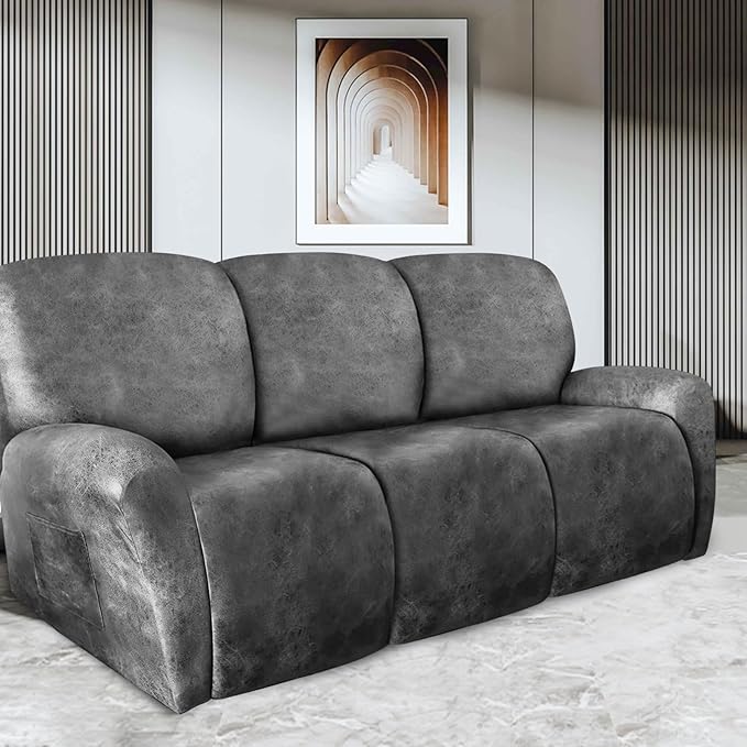 ANARACHON Recliner Couch Cover Leather Look Recliner Sofa Covers for 3 Cushion Reclining Sofa Slipcovers 8-Pieces Furniture Protector Spandex Fabric Washable (3 Seater, 02 Light Grey)