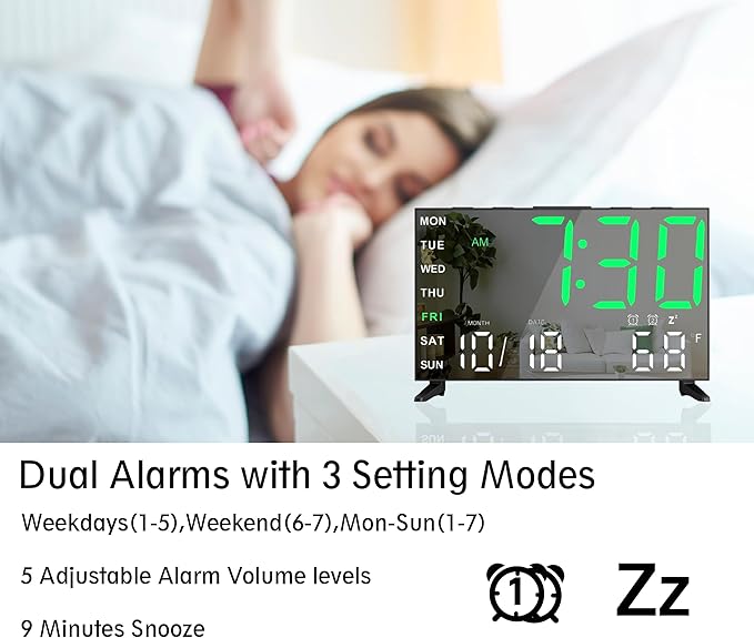 Mirror Digital Loud Alarm Clock with with Date,Indoor Temperature,USB Charging Port,Dimmer,Adjustable Volum,12/24H,Snooze,Dual Alarms (Weekday/Weekend),Perfect for Bedroom and Living Room