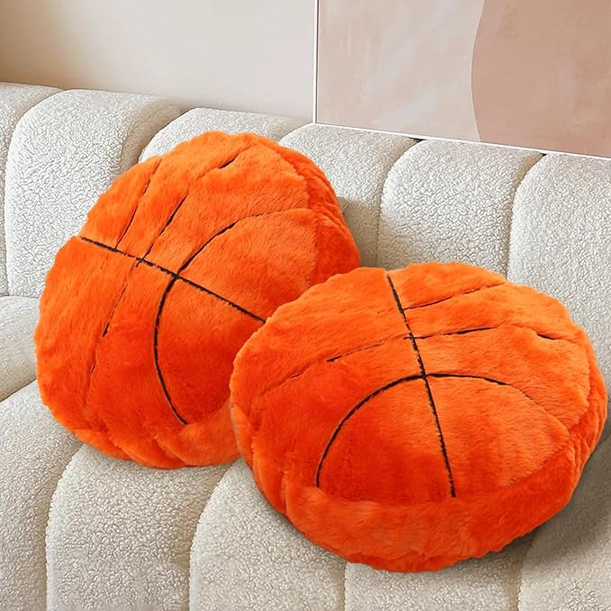 Plush Basketball Pillow 2 Pack, Soft Fluffy Round Basketball Shaped Throw Pillows for Kids Room, Sofa & Bed Decor, Seat Cushion Alternative for Gaming & Sports Room 15.7 Inch