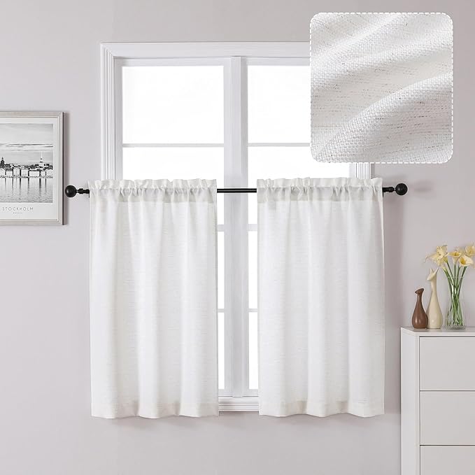 Chyhomenyc Bennet Kitchen Curtains 36 Inch Length Tier Curtains, Faux Linen Textured Small Cafe Curtains, Light Filtering Short Window Curtains for Bathroom Basement, 30x36 inch, 2PCS, Natural