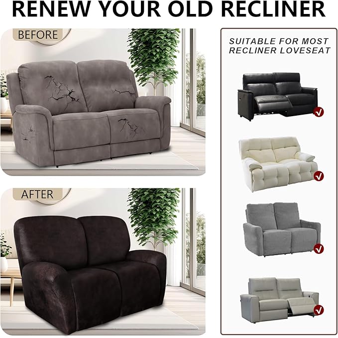 ANARACHON Leather Look Loveseat Recliner Covers Stay in Place 6-Piece Recliner Sofa Slipcover 2 Seater Reclining Couch Cover Spandex Fabric Washable (Recliner Loveseat, Chocolate)