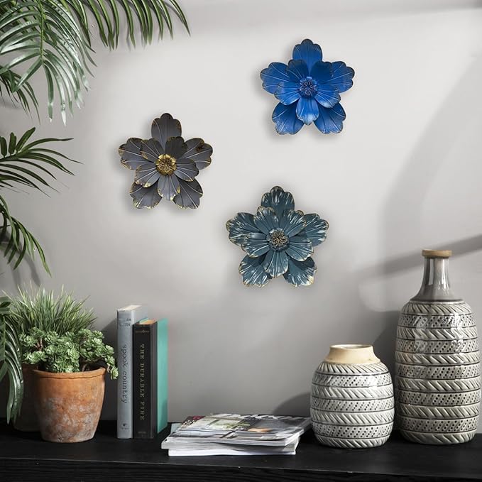 Metal Flower Wall Sculpture, 9.5" Rustic Modern Floral Artwork, Distressed 3D Layered Vintage Iron Flower Wall Hanging Accent for Indoor Kitchen, Bedroom Living Room Office Outdoor Garden Patio Decor (Retro blue)