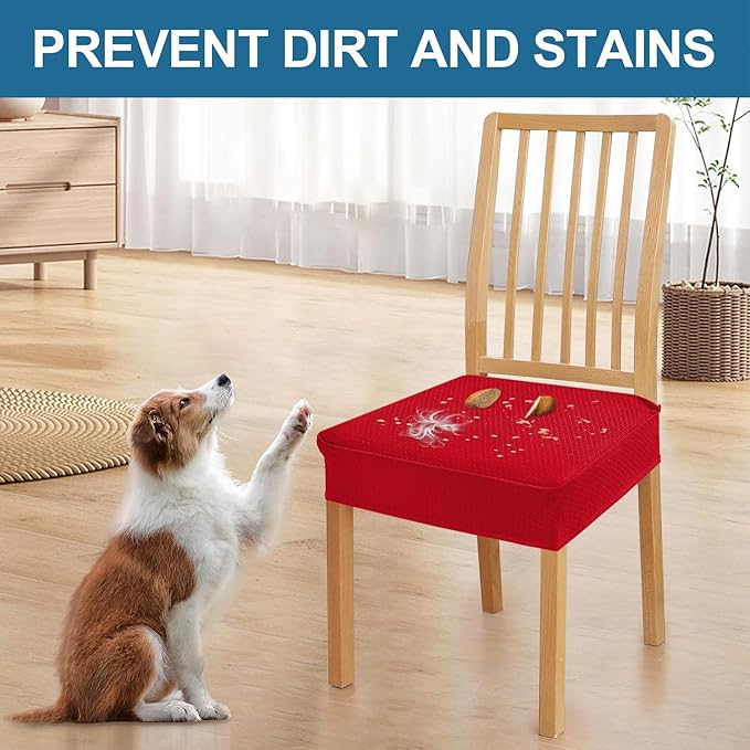 Smiry Waterproof Seat Covers for Dining Room Chairs Set of 8, Stretch Jacquard Removable Washable Chair Seat Slipcovers Protector, No Rear Covers, Red