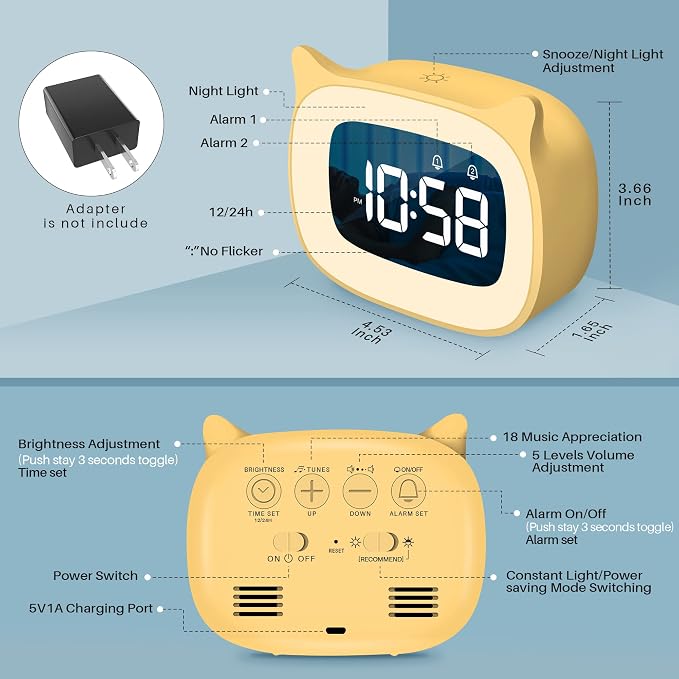 Cute Cat Ear Alarm Clock with Night Light for Bedroom,Yellow - Image 7