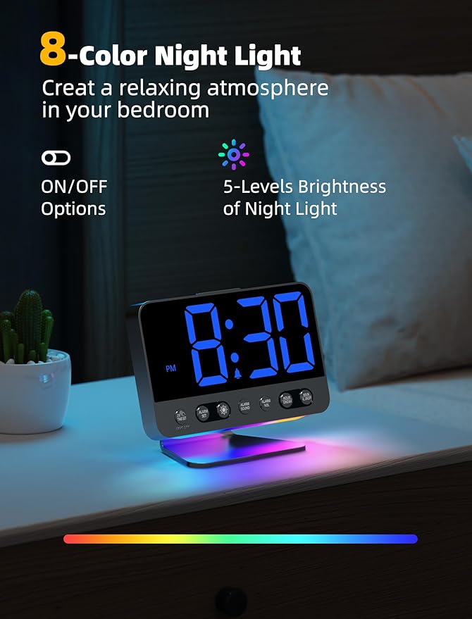 Odokee Digital Alarm Clocks for Bedrooms with Large Bold Number | Electric Desk Clock with Night Light & Brightness Dimmer - Loud Alarm for Heavy Sleepers with Adjustable Volume - Blue - Image 5