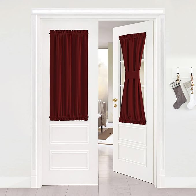 NICETOWN French Door Curtain Panel - Thermal Insulated Blackout Sliding/Sidelights Door Curtain Shade for Kitchen Window Valentine Christmas Decor (One Panel, 25W by 40L Inches, Burgundy Red)