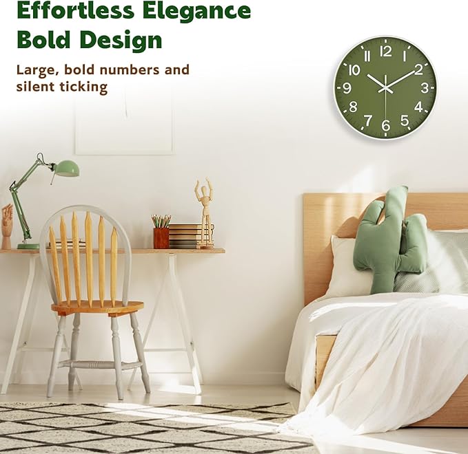 Silent Wall Clock Non-Ticking Battery Operated ?€? Modern Olive Green Analog Wall Clock for Living Room, Kitchen, Office, Bedroom ?€? Stylish Home Wall Decor Clock, 10 Inch