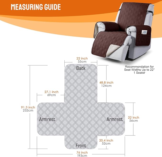 VANSOFY 100% Waterproof Recliner Chair Covers, Recliner Cover Non-Slip Dog Chair Cover Furniture Protector Washable Slipcover with Pocket, Elastic Straps for Pets, Dogs(Coffee, 22")