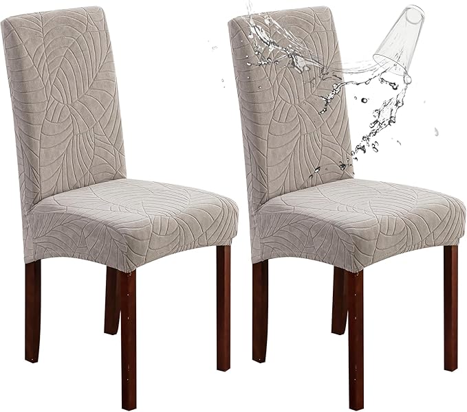 Genina 100% Waterproof Chair Covers for Dining Room Set of 2, Large Dining Room Chair Covers Protectors Stretch Kitchen Parson Chair Slipcovers for Home, Restaurant (Large, Leaves-Warm Gray)