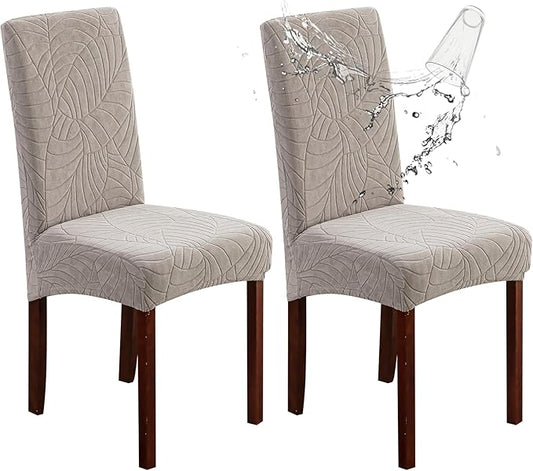 Genina 100% Waterproof Chair Covers for Dining Room Set of 2, Large Dining Room Chair Covers Protectors Stretch Kitchen Parson Chair Slipcovers for Home, Restaurant (Large, Leaves-Warm Gray)
