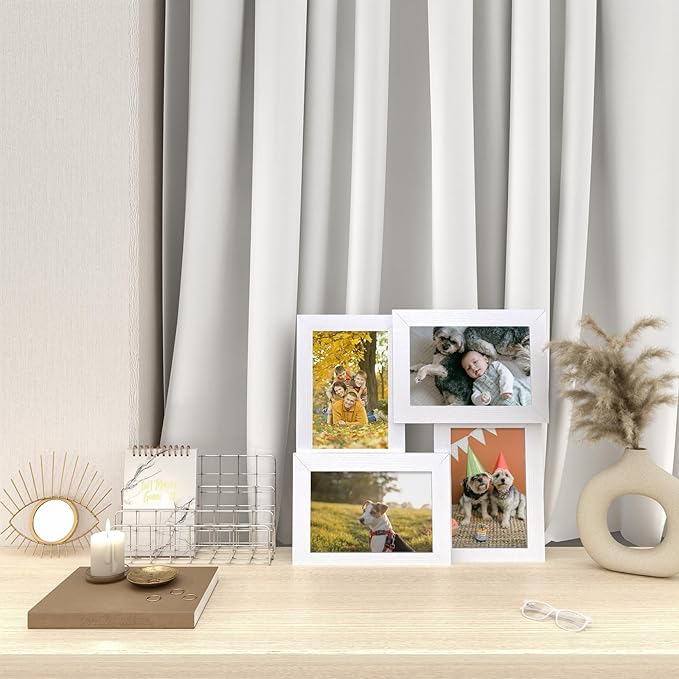 Egofine 4x6 Family Picture Frame Collage, for 4x6 pictures Covered by Plexiglass for Wall Hanging and Tabletop, 4-opening Dimensional Picture Frame for Home Deor, White