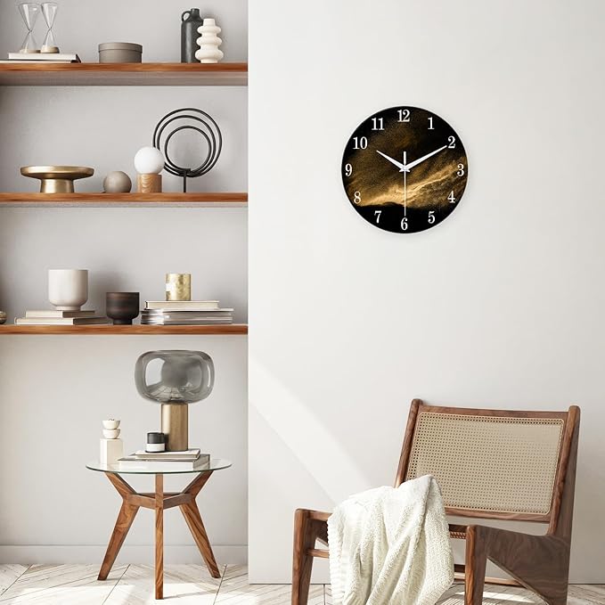 Black and Glod Wall Clocks for Living Room Decor Glass Wall Clock Battery Operated 16 Inch Silent Wall Clock Non Ticking