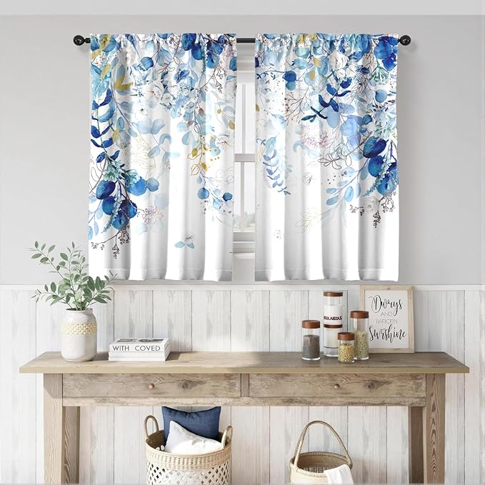 Blue Eucalyptus Leaves Kitchen Curtains Watercolor Plant Floral Curtains 39 Inches Spring Summer Blue and White Cafe Small Drapes Farmhouse for Bathroom RV Camper Light Filtering Rod Pocket 2 Panels