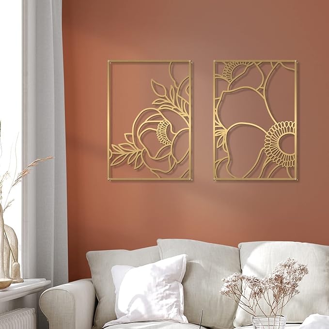 Glamativity Large 4 Pack Gold Wall Art, Minimalist Decor, Real Metal, Nature Floral Abstract, for Bedroom, Living Room, Bathroom (Gold Blossom Style, L Size 22.5 x 15.7'')