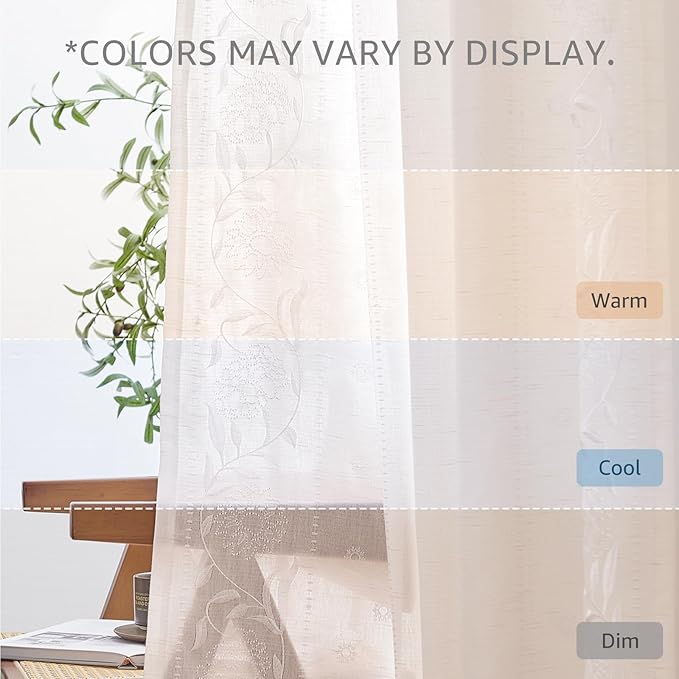 jinchan Winslow Linen Curtains for Bedroom 96 Inches Length Embroidered Bordered Floral Curtains for Living Room Farmhouse Decor Light Filtering Window Treatments White on White Drapes 2 Panels