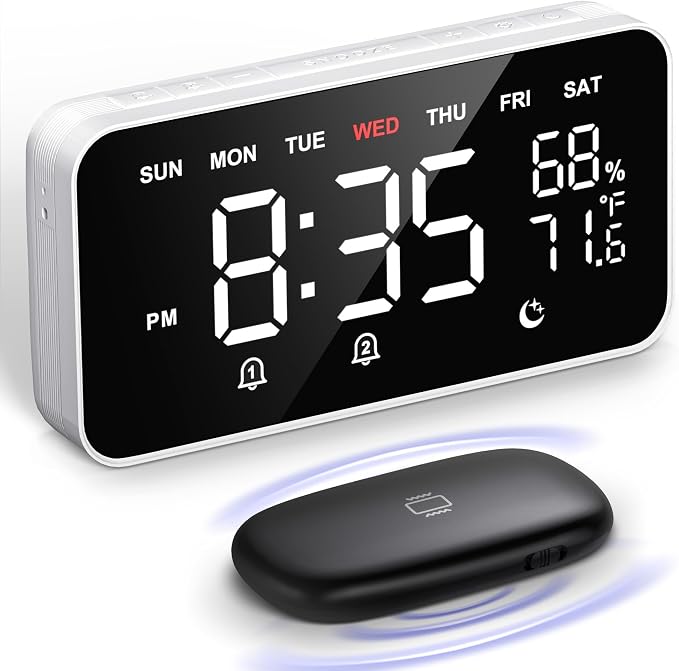 Dekala Bed Shaker Loud Alarm Clock for Heavy Sleepers Adults, Vibrating Dual Alarm Clocks for Bedrooms, Large Display Auto Dimmer,Temperature & Humidity Detect, 7-Day Programmable, Ideal Gift by Dekala