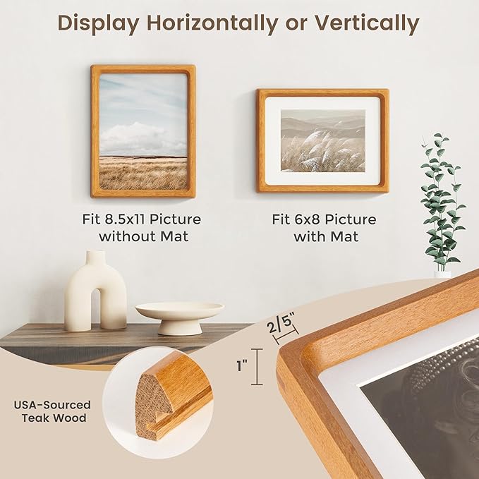 8.5 by 11 Picture Frame, USA-Sourced Teak Wood Photo Frames with HD Tempered Glass, Handcrafted Rounded Corner 8.5 x 11 Wooden Frames Matted to 6x8 Photos, 8.5x11 Frame, Tabletop or Wall Display
