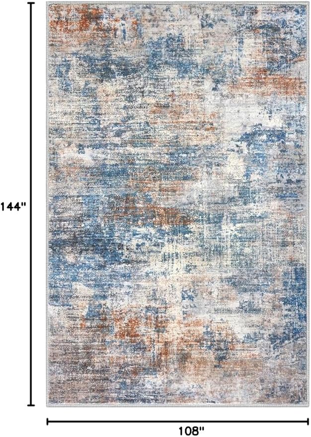 IOHOUZE Abstract Area Rugs 9x12 Ft Washable Large Rugs for Living Room, Non Slip Dining Room Rug, Printed Faux Wool Rugs for Bedroom, Floor Carpet for Office Nursery Playroom, Blue Rust