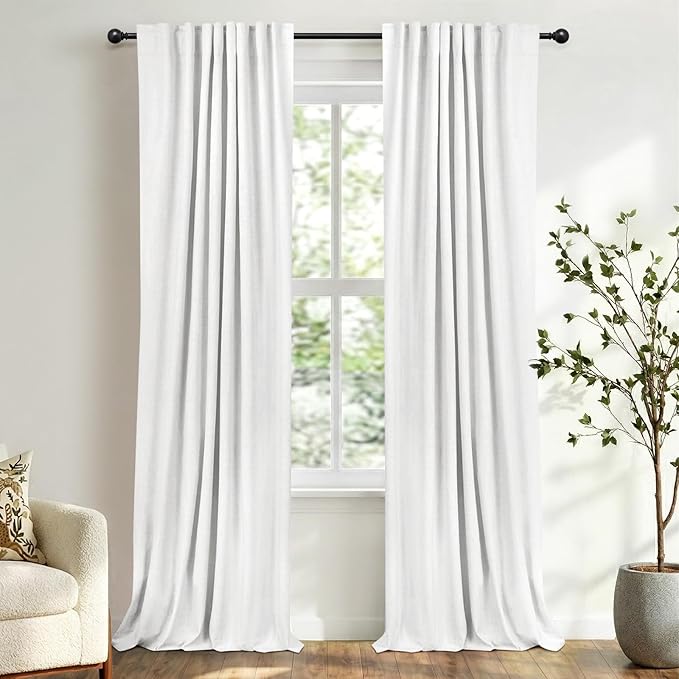 100% Blackout Shield White Linen Blackout Curtains for Bedroom 84 Inches Long, Back Tab/Rod Pocket Living Room Drapes, Thermal Insulated Blackout Curtains 2 Panels Set, 50" W x 84" L,Blanc de Blanc