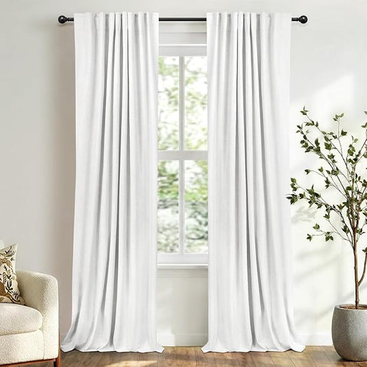 100% Blackout Shield White Linen Blackout Curtains for Bedroom 90 Inches Long, Back Tab/Rod Pocket Living Room Drapes, Thermal Insulated Blackout Curtains 2 Panels Set, 50" W x 90" L,Blanc de Blanc