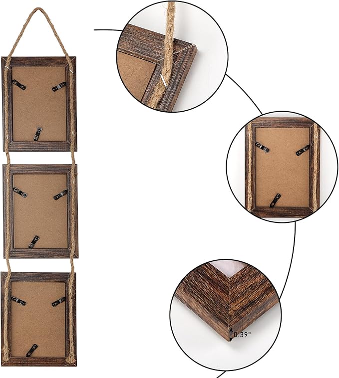 Lavezee 4x6 Picture Frames Collage Distressed Brown, Three 4 x 6 Hanging Picture Frames for Vertical 4 by 6 Inch Photos for Wall