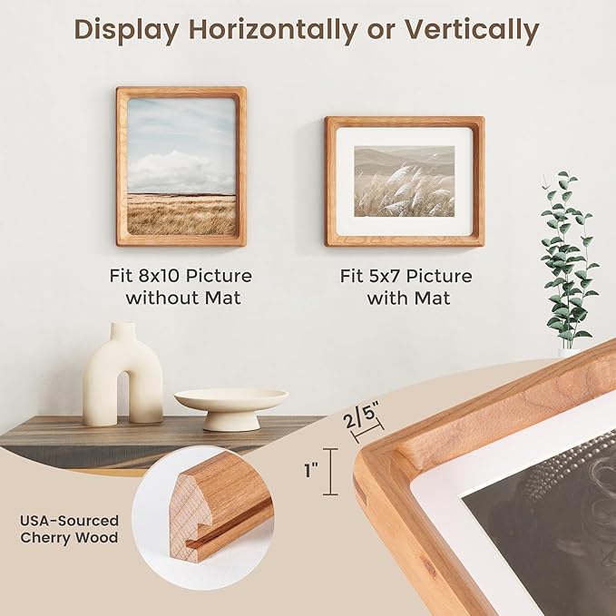 Fun Memories 8x10 Picture Frame, USA-Sourced Cherry Wood Photo Frames with HD Tempered Glass, Handcrafted Rounded Corner 8 x 10 Wooden Frames Matted to 5x7 Photos, 8x10 Frame, Tabletop or Wall Display