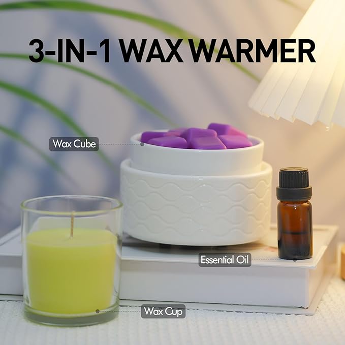 ElusiaKa 7-Color Changing Wax Melt Warmer, Modern Ripple Design 3-in-1 Electric Candle Warmer with Large Melting Dish, Ceramic Scented Wax Melter Essential Oil Burner for Home Aromatherapy, White