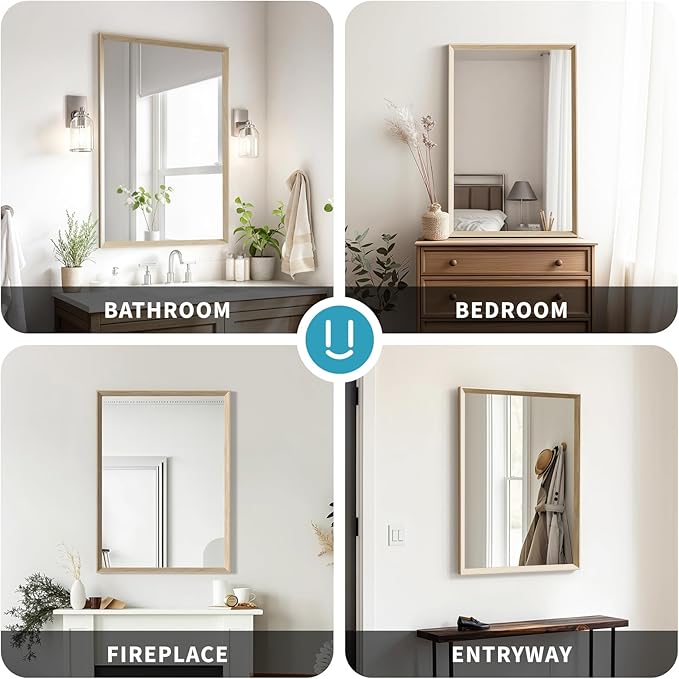 Oak Wood Effect Framed Wall Mirror, 32x40 Rectangle Mirror, Anti-desilvering Tempered Glass, Sustainable& Sturdy Frame, Farmhouse Mirror, Anti-Rust, 3min Fast Setup for Bathroom Living Room