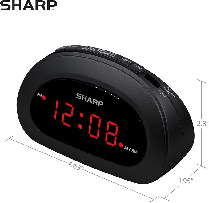 Sharp Small Digital Alarm Clock, Red LED, Snooze, 9V Battery Backup, Black - Image 5
