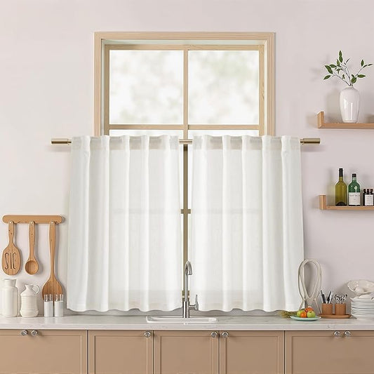 Nanspring Beige White Cafe Curtains 40 Inch Length for Kitchen Small Window Linen Blend Semi Sheer Curtain with Back Tab and Rod Pocket Front Door Drapes for Bedroom 2 Panels Set 40 X 40 Inch