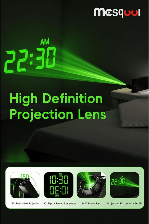 Mesqool Digital Projection Alarm Clock with Dual Alarms, 5 Levels Dimmer - Image 3