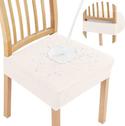 Smiry Waterproof Seat Covers for Dining Room Chairs Set of 6, Stretch Jacquard Removable Washable Chair Seat Slipcovers Protector, No Rear Covers, Ivory