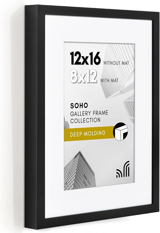 Americanflat 12x16 Picture Frame with Polished Plexiglass - Use as 8x12 Frame with Mat or Display 12x16 Photo Without Mat - Soho Collection - Deep Molding Picture Frames for Wall Display - Black