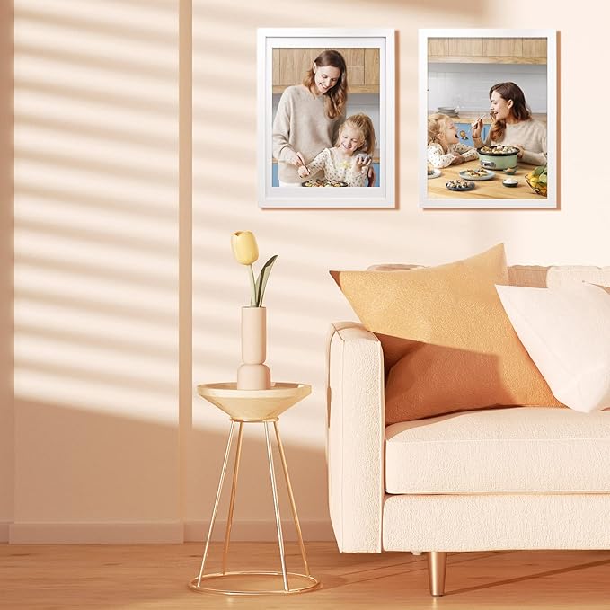 Egofine 12x16 Picture Frames White Set of 2, Solid Wood Frames Covered by plexiglass, Display photos 9x12/11x14 with Mat or 12x16 without mat, for Wall Mounting